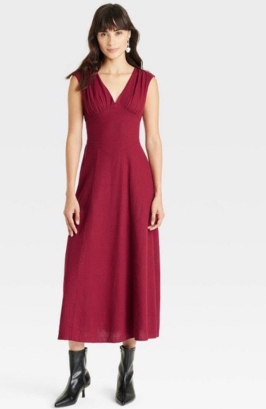 Universal Thread Women’s Linen Blend Maxi Dress Sz XS Crimson Elastic Back